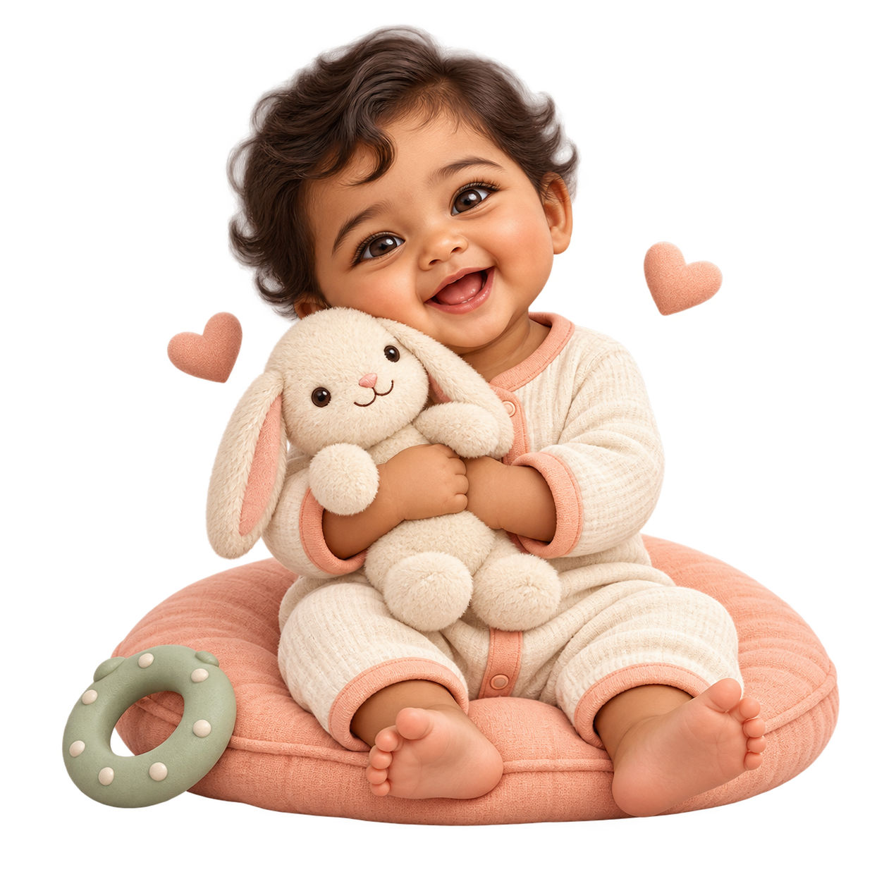 A smiling baby hugging a soft bunny toy