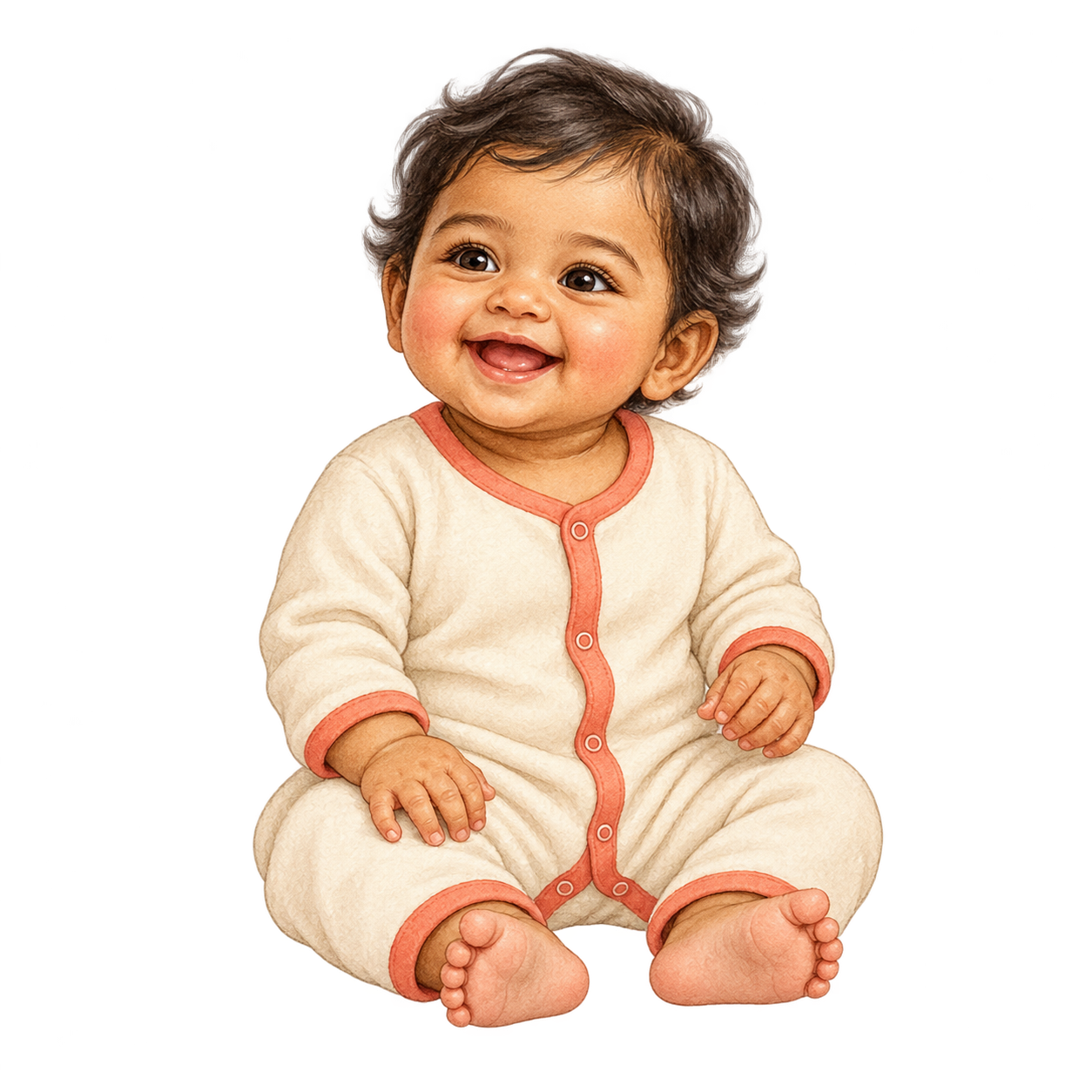 A smiling baby sitting in a cream romper